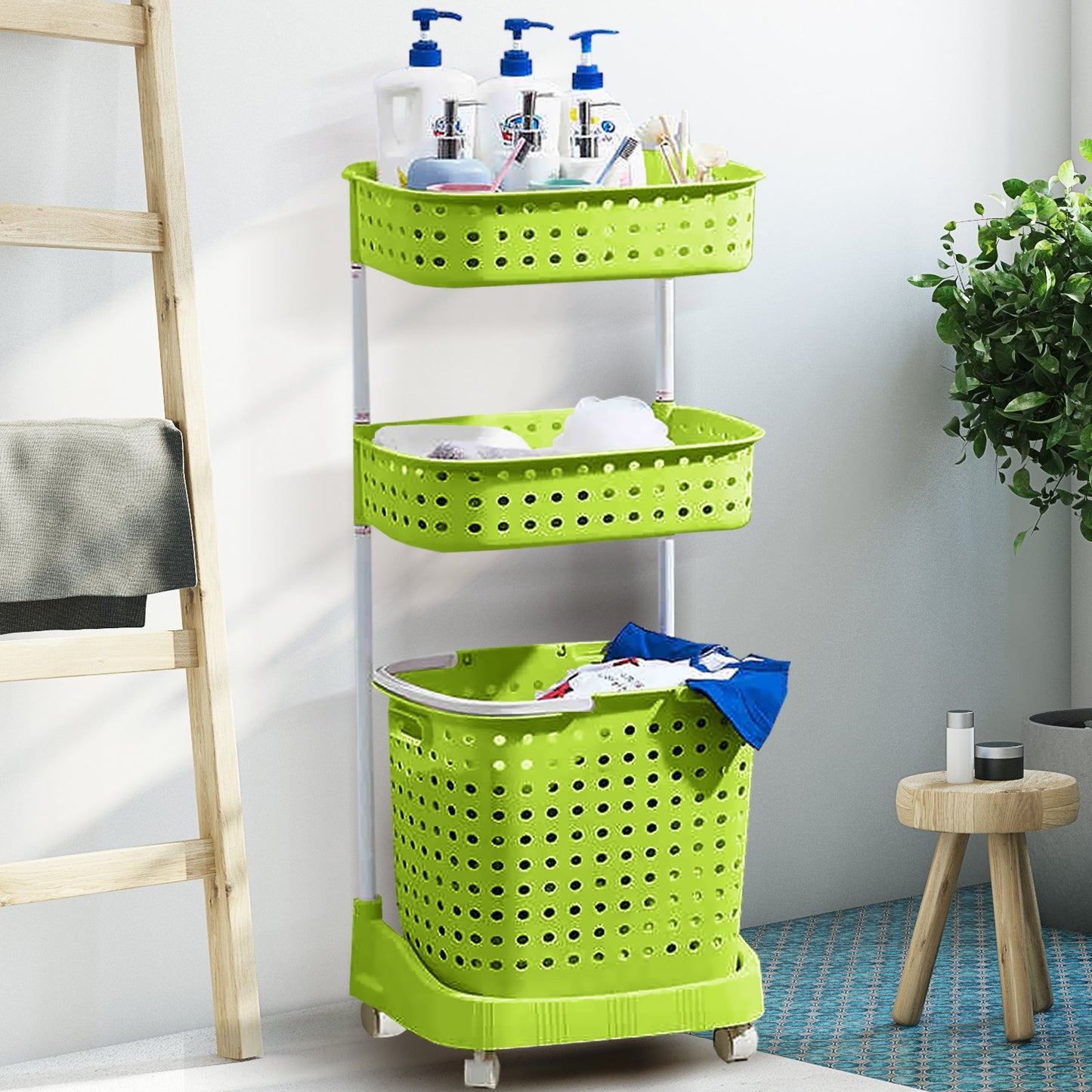 3 Tier Bathroom Laundry Clothes Baskets Bin Hamper Mobile Rack
